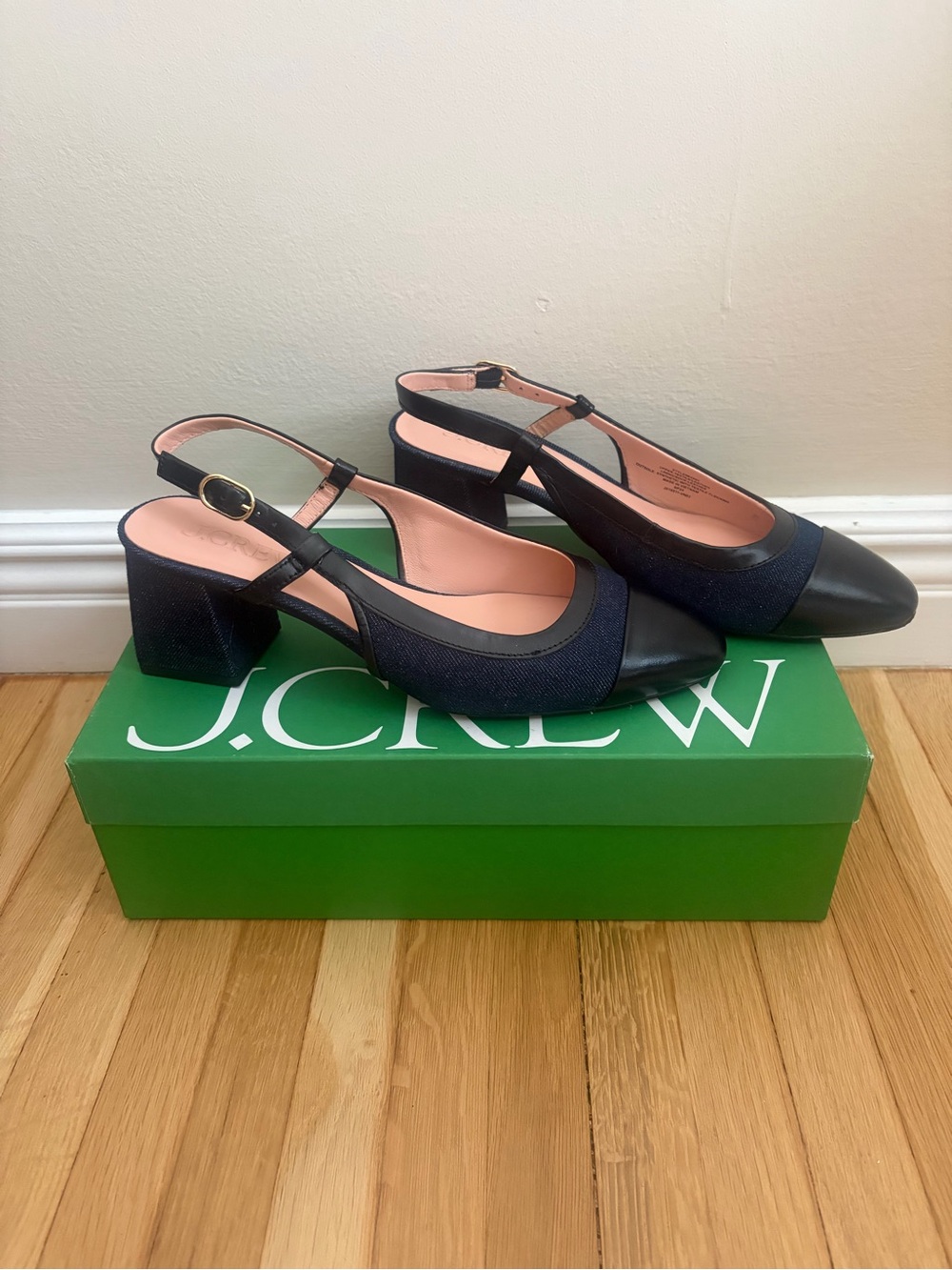 J. Crew Navy and Black Slingback Block Heel Pumps